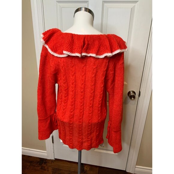 Andersson Bell Red Fabiana Ruffle Deep V-Neck Knit Sweater, Size M - Picture 6 of 9